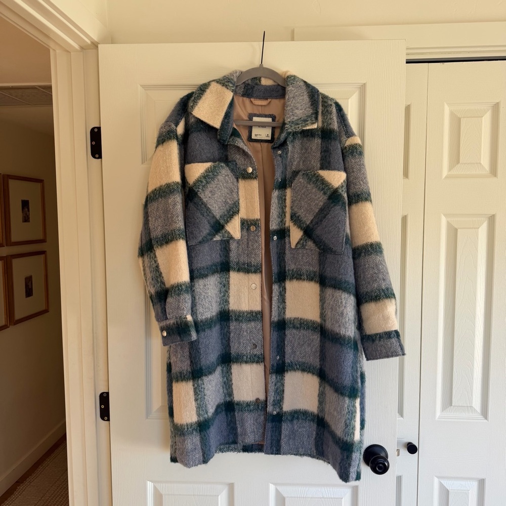 Abercrombie & Fitch Blue and Cream Plaid Pea Coat